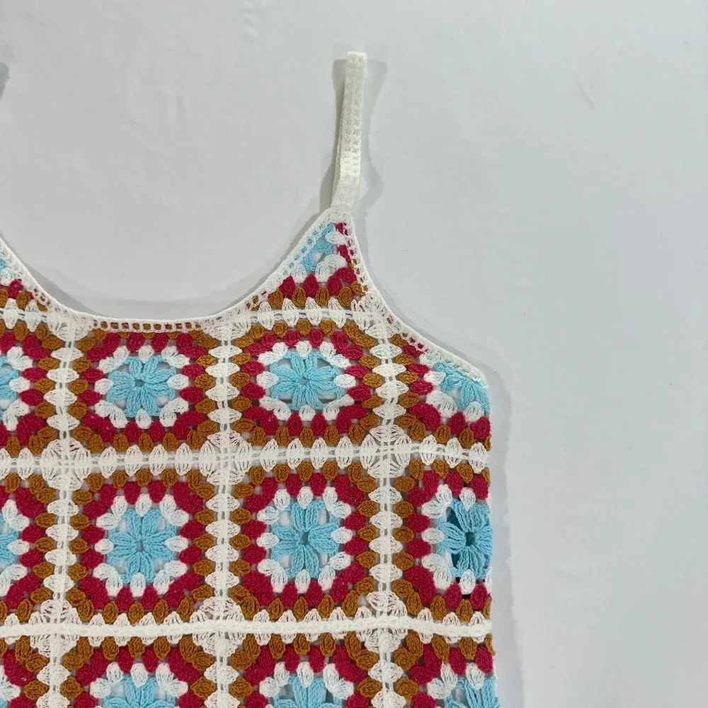 Willow & Wind Granny Square Crochet Mini Dress Women XS Multi Color Boho Folk